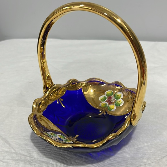 BOHEMIAN CRYSTAL BASKET 24K gold Moser Vintage Czech Cobalt Blue Enamel Painted - Picture 3 of 16